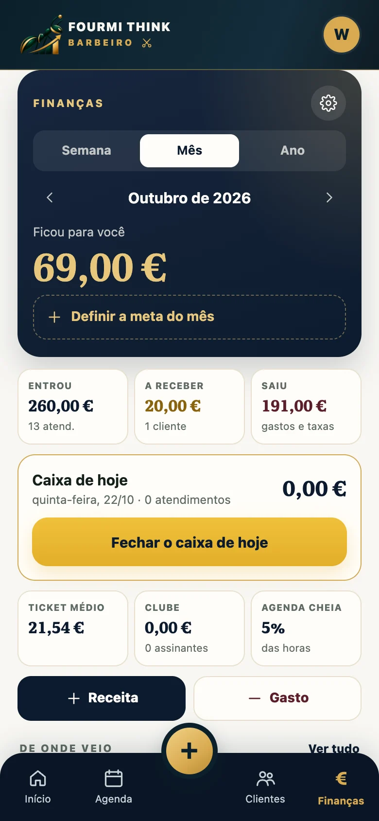 Finanças do Barbeiro com entradas, saídas e resultado