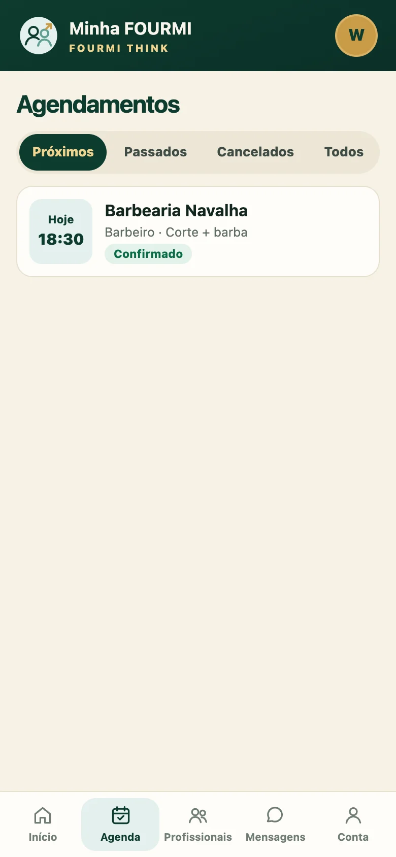 Agendamentos do cliente no Minha FOURMI, com status de cada horário