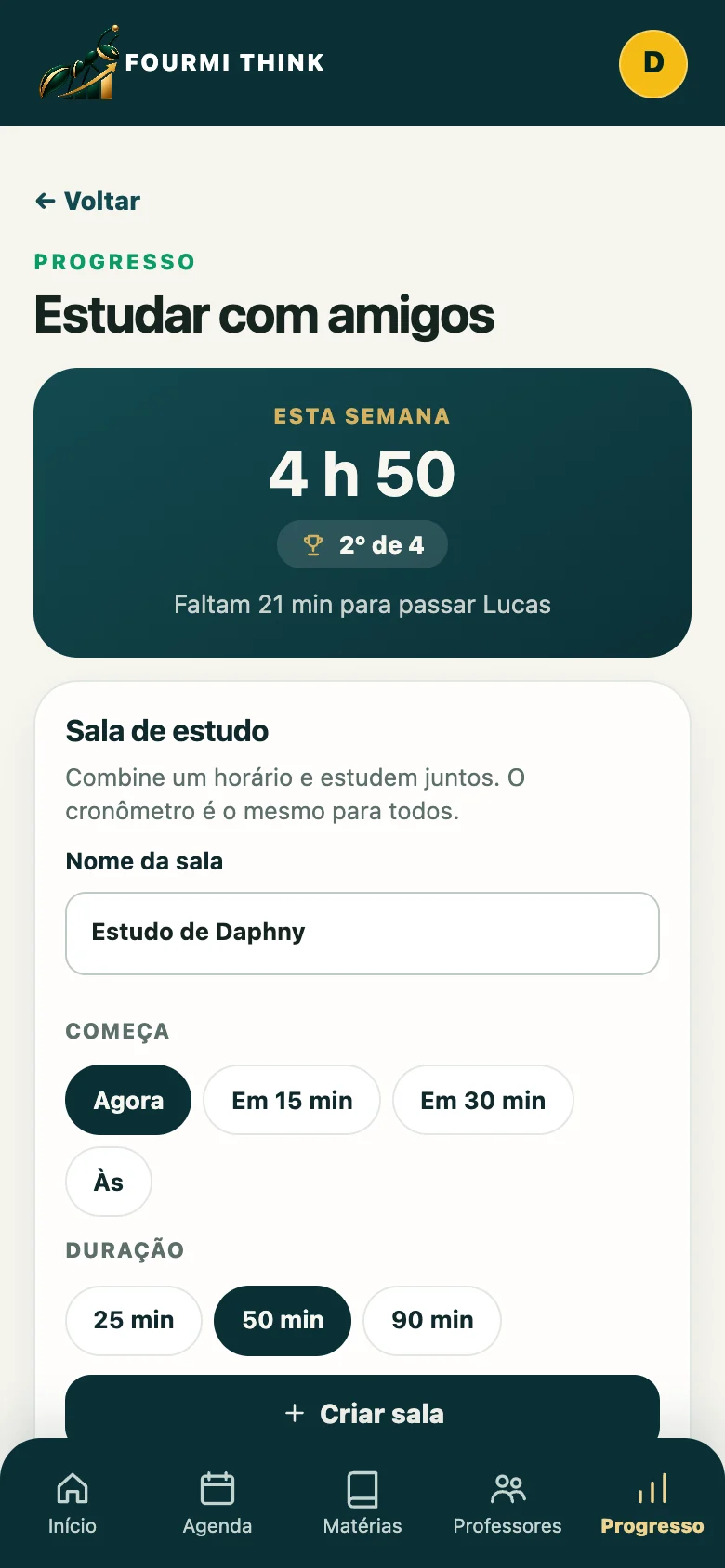 Estudar com amigos: 4 h 50 nesta semana, 2º de 4, faltam 21 minutos para passar Lucas, e a sala de estudo