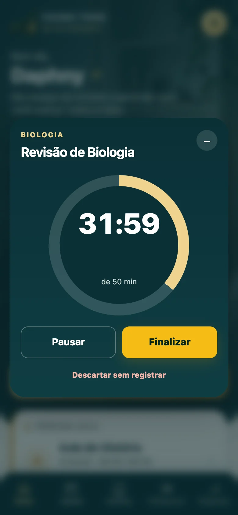 Modo foco em andamento: Revisão de Biologia, 31 minutos restantes de 50, com botões pausar e finalizar