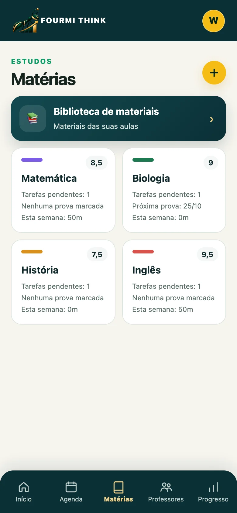 Matérias do Estudante com tarefas e provas de cada uma