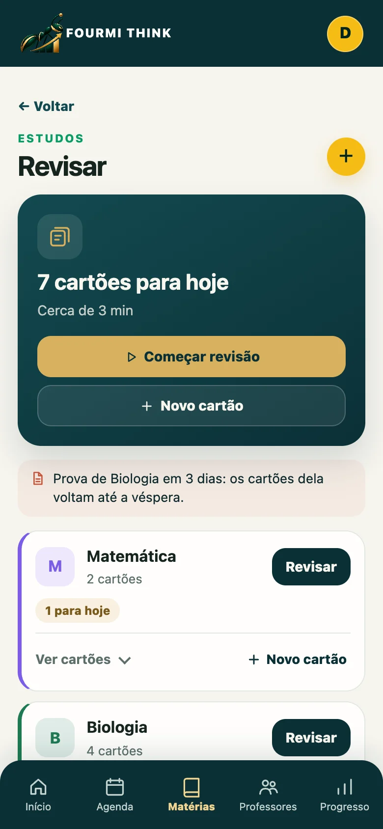 Tela Revisar com 7 cartões para hoje e aviso da prova de Biologia em 3 dias