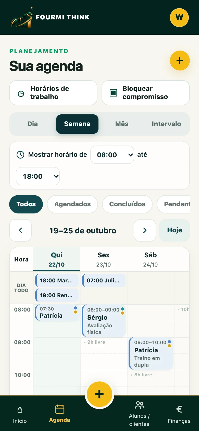 Agenda de sessões do Personal Trainer
